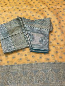 Elegant Yellow Saree with Blue Brocade Border- New