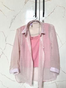 Pink Striped Shirt & cape Top Set