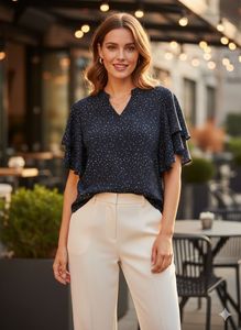 Elegant Navy Blue Ruffle Sleeve Top