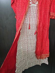 Red Gold Printed With False Jacket Style Kurti