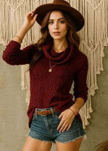 🎁Buy 2 Get2 Free Burgundy Cowl Neck Sweater E