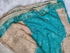 CREAM AND TURQUOISE GREEN SAREE