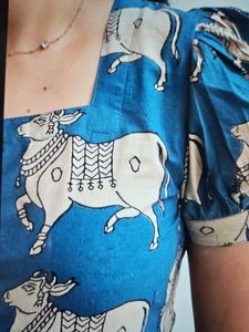 Blue Tiered Midi Dress with Sheep Print