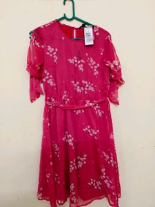 Pink Floral Chiffon Midi Dress