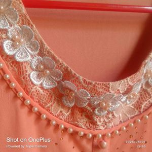 Peach Button-Down Blouse with Lace