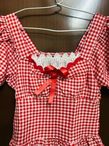 Red Gingham Puff Sleeve Top With Customised Lace