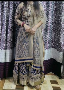 Elegant Blue &amp; Gold Anarkali Suit With Dupatta