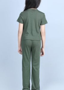 Girls Olive Green Solid Ribbed Cotton Coord Set