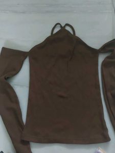 Brown Off-Shoulder Long Sleeve Top