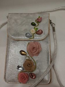 Silver Sling Bag with Floral Detail