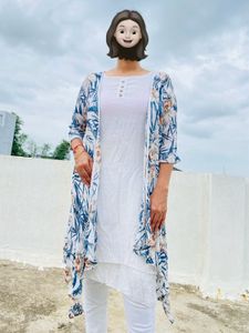 White Long Kurti With Multi Jacket