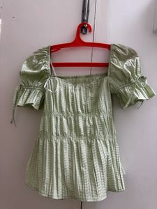 Crinkled Square Neck Top Puff Sleeves