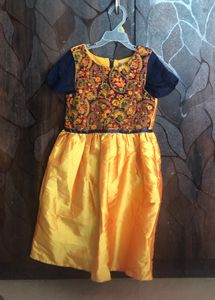 Embroidered Silk Frock( Yellow & Dark Blue)