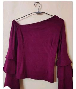 Burgundy One-Shoulder Ruffle Sleeve Top