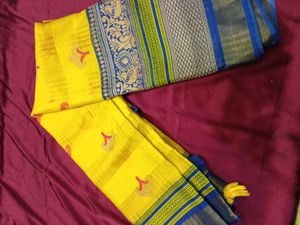 Yellow & Blue Saree Cotton Silk