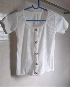 White Ribbed Button-Front Top