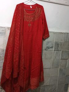 Red Colour A Line Kurti Dupatta Set4xl
