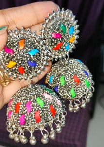 Silver Jhumka With Multi Colour Stone