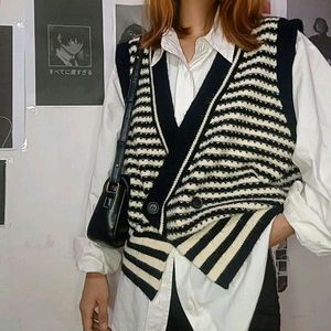 Black And White Striped Korean Vest