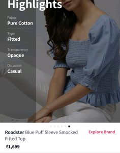 Blue Puff Sleeved Smocked Fitted Top By Roadster