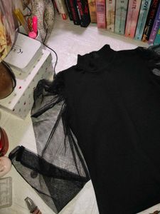 Black Mock Neck Top with Mesh Sleeves