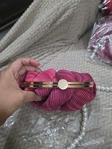 Pink Potli Clutch With Pearl Handle