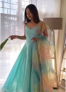 Turquoise Ethnic Gown With Organza Duptta