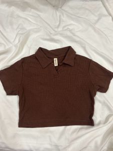 Brown Ribbed Crop Polo Top