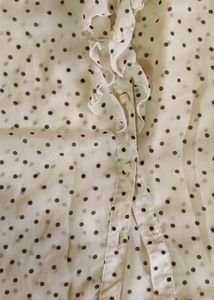Cute Frilled Polka Print Off White Mesh Shirt
