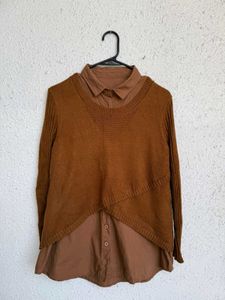 Brown Knit Sweater with Collar