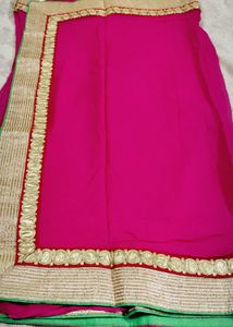 Hot Pink Sari with Gold Border