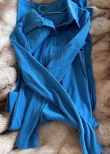Blue Long Sleeve Dress with side slit &amp; c