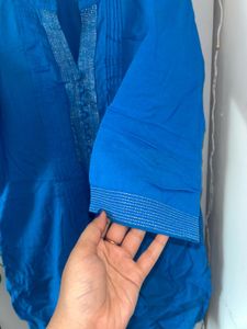 Blue Solid Cotton Kurti – Size S (with freebie)