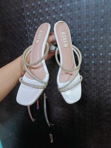 Elle White Rhinestone Square Toe Strappy Heels