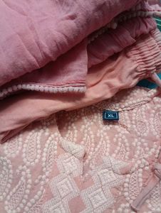 Peach Chikankari Kurti Legging And Dupatta Set