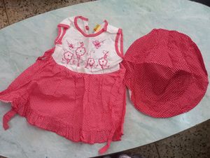 Red  &amp; White Sleeveless Frock with Hat