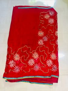 Elegant Red Embroidered Saree🔥