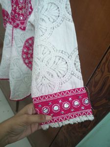 cream pink work kurta set