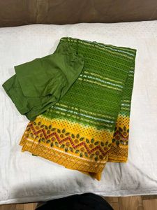 💚💛COTTON Green &amp; Yellow  Saree+ blouse