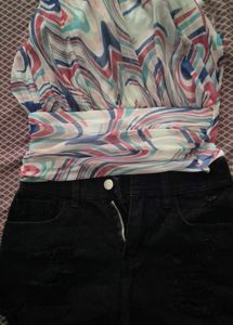 Denim Shorts and one shoulder top