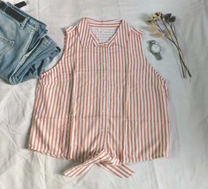 Thrifted Striped Tie-Front Sleeveless Blouse