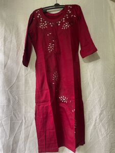 Elegant Maroon Embroidered Cotton Kurti