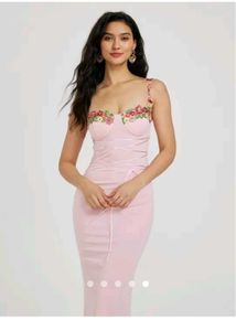 Floral Embroidered Pink Corset Midi Dress