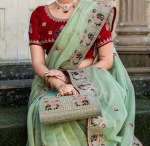Embroided Organza Saree( Pista Green) With Bag
