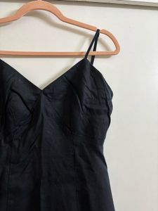 Black Linen Bustier Midi Dress