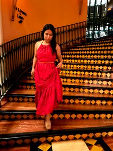 LOV Red Schiffli Detailed Cotton Tiered Dress