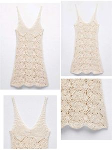 Cream Crochet CoverUp Mini Dress with a V-neckline