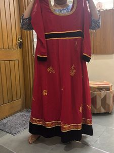 Very Beautifull Red Color Anarkali With Gold Print