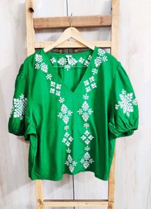 Green Embroidery Work Cotton Top Si,e-46-48
