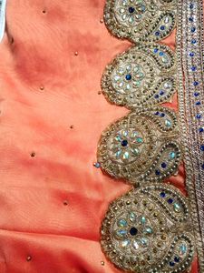 Peach Saree with Gold &amp; Blue Embroidery